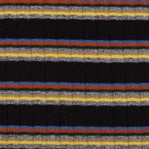 Yellow-Red-Blue-Grey Melange Stripes On Black Rib Knitted Fabric